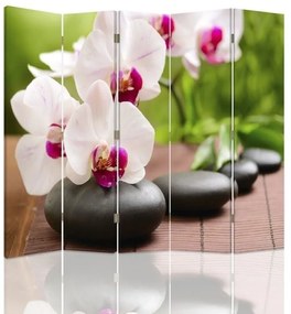 Ozdobný paraván, Orchidej a lesklé kameny - 180x170 cm, päťdielny, klasický paraván