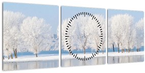 Obraz zimnej krajiny (s hodinami) (90x30 cm)