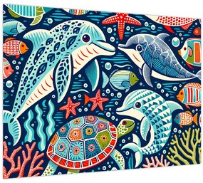 Sklenený obraz – Kreslené vodné zvieratká (70x50 cm)