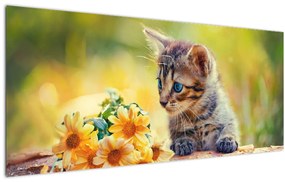 Obraz mačiatka pozerajúce sa na kvetinu (120x50 cm)
