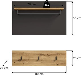 Dvojdielny šatníkový panel Cano, 80 cm, šedá/dub artisan