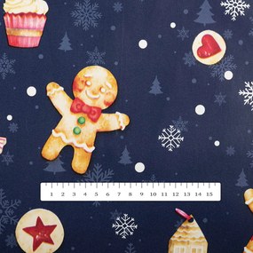 Vianočný PVC obrus Vianočné perníčky a cukrovinky na tmavo modrom PV-194 - metráž š. 140 cm
