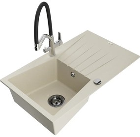 Mexen Cesar, 1-komorový granitový drez 775x470x190 mm a drezová batéria Duo, béžová, 6514-69-671701-07-B