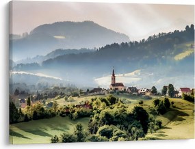 Obraz - dedinka v hmle (70x50 cm)