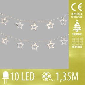 Vianočná led svetelná reťaz vnútorná - na batérie - drevené hviezdičky - 10led - 1,35m teplá biela