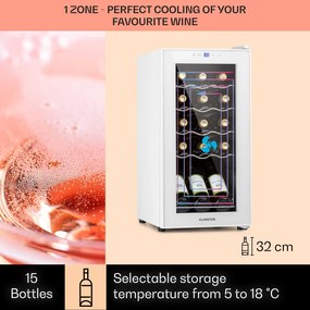 Klarstein Shiraz 15 Slim Uno, vinotéka, 44 l, 135 W, 5–18°C, dotykové ovládanie, biela