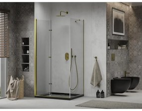 Mexen Lima, sprchový kút so skladacími dverami 100 (dvere) x 90 (stena) cm, 6mm číre sklo, chrómový profil + slim sprchová vanička čierna + zlatý sifón, 856-100-090-50-00-4070G