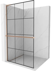 Mexen Kioto+ L, sprchová zástena Walk-In s poličkou a vešiakom 120 x 200 cm, 8mm číre sklo čierny vzor, medený matný profil, 800-120-123-65-77