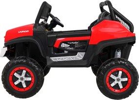 Ramiz Mercedes Benz Unimog elektrické autíčko pre deti červené + pohon 4x4 + diaľkové ovládanie + nosič batožiny + pomalý štart + MP3 + LED