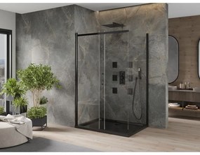 Mexen Omega, sprchovací kút s posuvnými dverami 120 (dvere) x 80 (stena) cm, 8mm číre sklo, čierny profil + slim sprchová vanička čierna s čiernym sifónom, 825-120-080-70-00-4070B