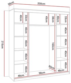 Šatníková skriňa DEVON s posuvnými dverami biely lesk so zrkadlom 200 x 215 cm