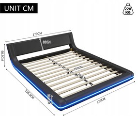 Arhatreya Poschodová posteľ PU s LED osvetlením, čierna, 160 x 200 cm, dvojlôžko manželská