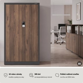 Kovová kancelárska skriňa so zámkom na kód antracitová, orech, 900x1850x400 mm: DANIEL Eco Design