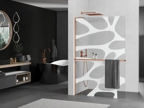 Mexen Kioto+ L, sprchová zástena Walk-In s poličkou a vešiakom 80 x 200 cm, 8mm číre sklo biely vzor, ružové zlato profil, 800-080-123-60-97