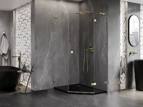 Mexen Lunar, L pravý výklopný päťuholníkový sprchový kút 90 x 100 cm, 8mm číre sklo, zlatý profil, 831L-090P-100L-50-00-P