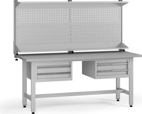 Výškovo nastaviteľný dielenský stôl G5 s nadstavbou, 1800 x 750 x 800-1000 mm, 2x kontajner, 4 zásuvky, sivá