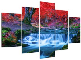 Obraz vodopádu v červenom lese (150x105 cm)