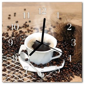 Sklenené hodiny štvorcové Šálka kávy 30x30 cm
