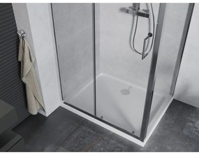 Mexen Apia, sprchový kút s posuvnými dverami 140 (dvere) x 90 (stena) cm, 6mm číre sklo, chrómový profil + slim sprchová vanička 5cm, 840-140-090-01-00-4010