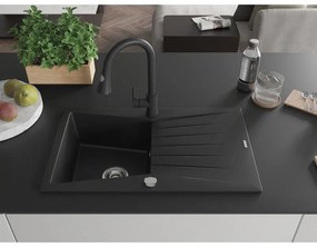 Mexen Cesar, 1-komorový granitový drez 775x470x190 mm a drezová batéria Elia, čierna, 6514-77-670101-70