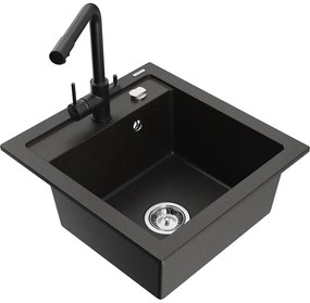 Mexen Vito, 1-komorový granitový drez 520x490x210 mm, čierna matná batéria Duero, čierna - zlatá metalíza, 6503-75-671600-70