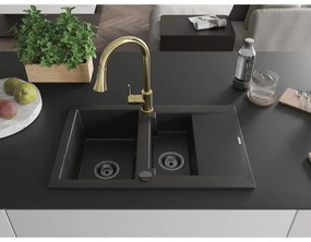 Mexen Gaspar, granitový drez 737x475x177 mm, 1,5-komorový a drezová batéria Elia, čierna, 6507-77-670101-50-B