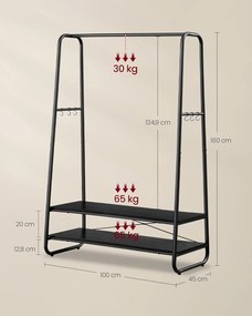 Vešiak na oblečenie, s 2 policami a 6 háčikmi, 45 x 100 x 160 cm, čierny