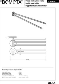 Bemeta Design ALFA: Držiak uterákov, 475 mm, dvojitý, otočný - 102404101
