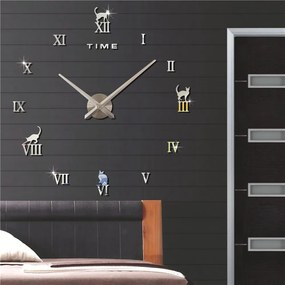 3D Nalepovacie hodiny DIY Clock Cat Time, strieborné, 70-120cm
