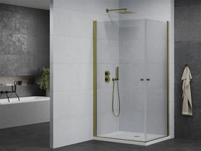 Mexen Pretoria Duo, sprchovací kút s 2-krídlovými dverami 90 (dvere) x 80 (dvere) cm, 6mm číre sklo, zlatý profil + slim sprchová vanička 5cm biela so zlatým sifónom, 852-090-080-50-02-4010G