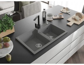 Mexen Tomas, granitový drez 800x500x190 mm, 2-komorový a čierna batéria Rita, šedá, 6516-71-670300-70