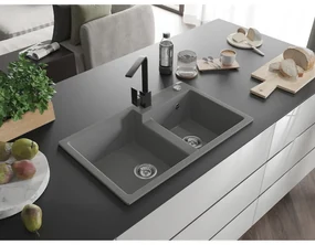 Mexen Tomas, granitový drez 800x500x190 mm, 2-komorový a čierna batéria Rita, šedá, 6516-71-670300-70