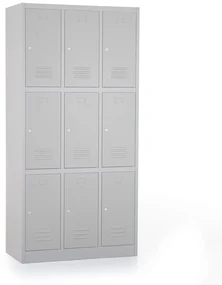 Kovová šatníková skrinka - 9 boxov, 90 x 45 x 185 cm, cylindrický zámok, svetlo sivá - ral 7035