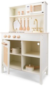 Drevená kuchynka - biela s ratanovými detailmi