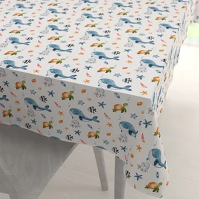 Biante Detský bavlnený obdĺžnikový obrus Sandra SA-660 Modré veľryby a morské zvieratká na bielom 60x100 cm