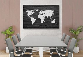 Obraz mapa sveta na dreve v čiernobielom prevedení - 90x60