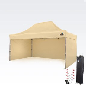 BRIMO Profesionálny promo nožnicový altánok 3x4,5m | Masívny ALU profil 1,8mm - s 3 stenami - Béžová 14
