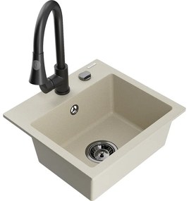 Mexen Milo, 1-komorový granitový drez 435x410x171 mm a drezová batéria Elia, béžová, 6505-69-670101-70