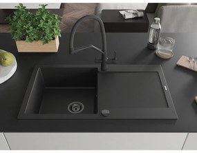 Mexen Leo, 1-komorový granitový drez 900x500x190 mm a drezová batéria Duo, čierna, 6501-77-671701-70-B