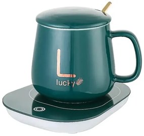 Sada keramického hrnčeka s elektrickým ohrievačom Lucky v darčekovom balení - green