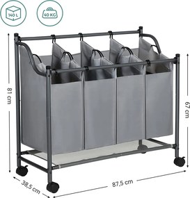 Kôš na bielizeň s kolieskami, 4 priehradky, vozík na bielizeň, 4 x 35L, sivý
