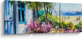 Obraz záhradky pred domom, olejomaľba (s hodinami) (90x30 cm)