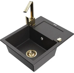 Mexen Enzo, granitový drez 576x465x174 mm, 1-komorový a zlatá batéria Rita, čierna škvrnitá, 6506-76-670300-50
