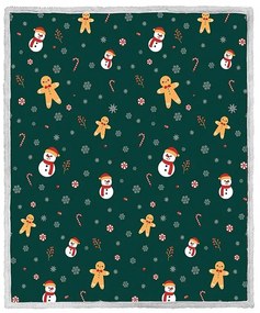 2x Vianočná tmavozelená baránková deka z mikroplyšu SNEHULIAK A PERNÍČEK 160x200 cm