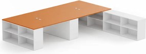 Kancelárska zostava stolov BLOCK B05, 4 miesta s úložným priestorom, 360 × 320 cm, biela/oranžová