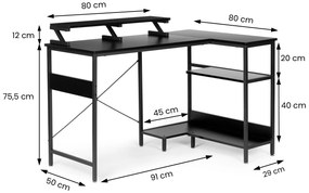 Rohový počítačový stôl s 3 policami, čierny