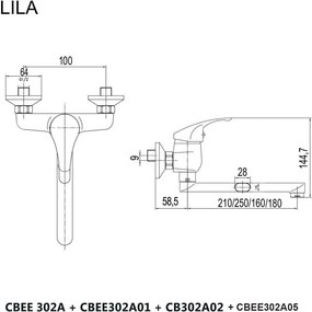 Mereo, Mereo Drezová nástenná batéria, Lila, 100 mm, s ramienkom plochým rovným 180 mm, chróm, MER-CBEE302A05