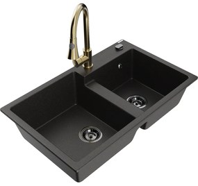 Mexen Tomas, 2-komorový granitový drez 800x500x190 mm a drezová batéria Elia, čierna-zlatá metalíza, 6516-75-670101-50-B