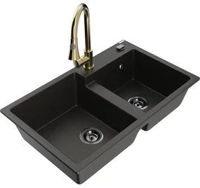 Mexen Tomas, 2-komorový granitový drez 800x500x190 mm a drezová batéria Elia, čierna-zlatá metalíza, 6516-75-670101-50-B