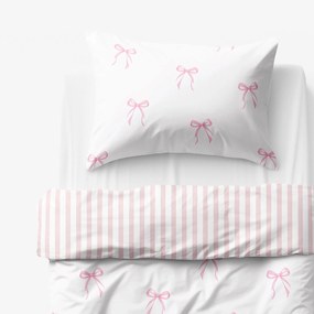 Goldea detské bavlnené obliečky - ružové mašličky s prúžkami 140 x 200 a 70 x 90 cm